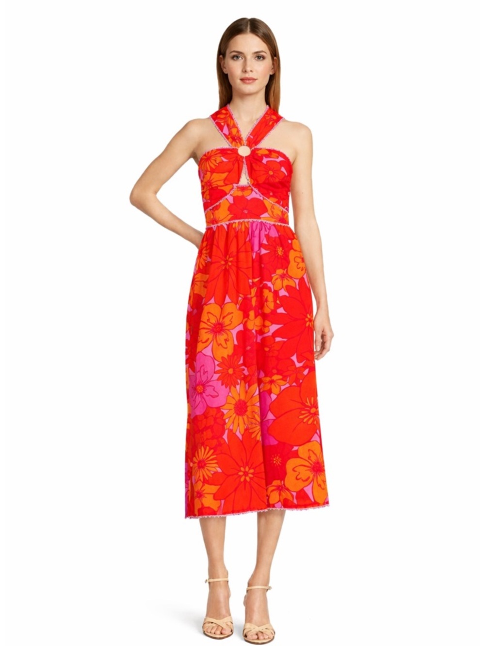 NWT J. Marie Lizzie Ric Rac Orange Floral Pink Preppy Summer Midi Dress